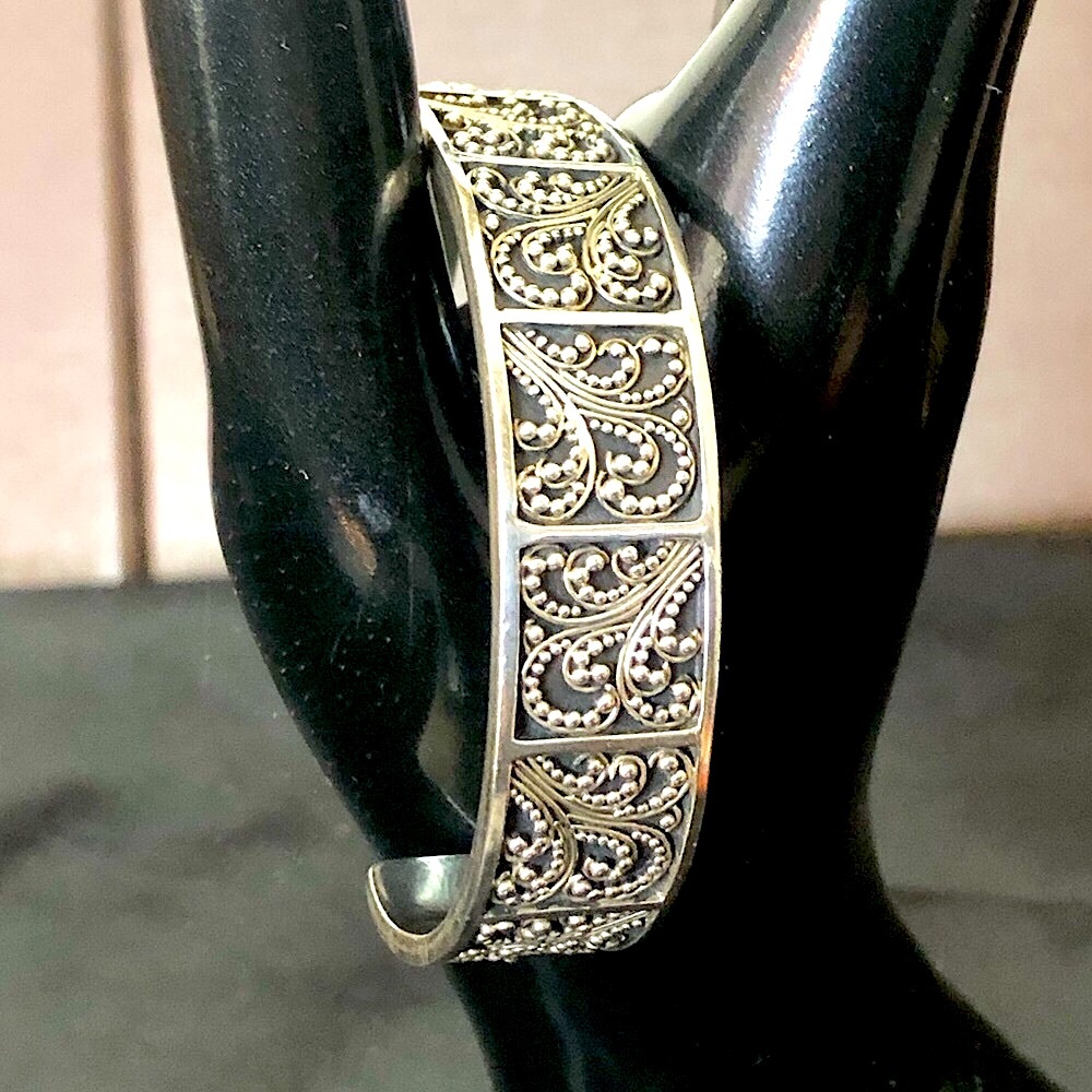 Sterling Silver Granulated Oxidized Scroll Cuff Bracelet Vintage
